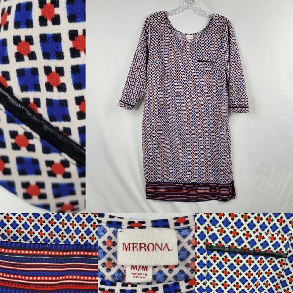 M Merona Faux Leather Trim Stretch No Iron Red Blue Geometric 3/4 Sleeve Dress